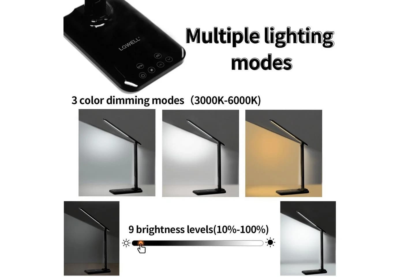 LQWELL LED Schreibtischlampe Schwarz Touch-Steuerung 3 Farbmodi