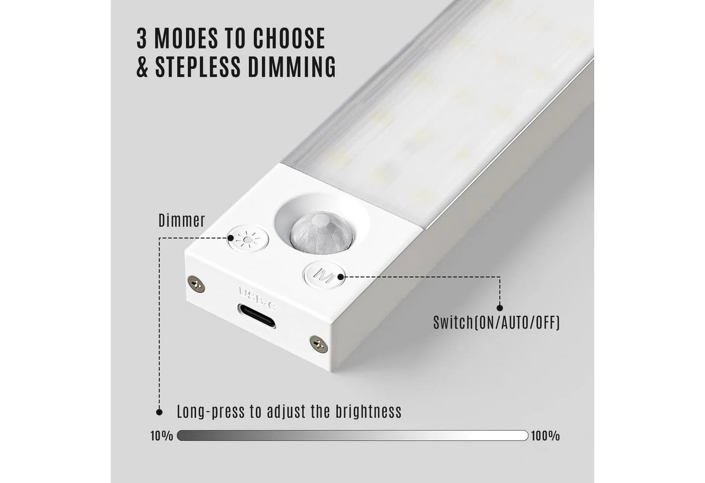 LQWELL LED Unterbauleuchte mit Bewegungsmelder, Dimmbar, Akku, USB-C Wiederaufladbar Schranklicht, 22,5 cm, 1500 mAh, Weiß