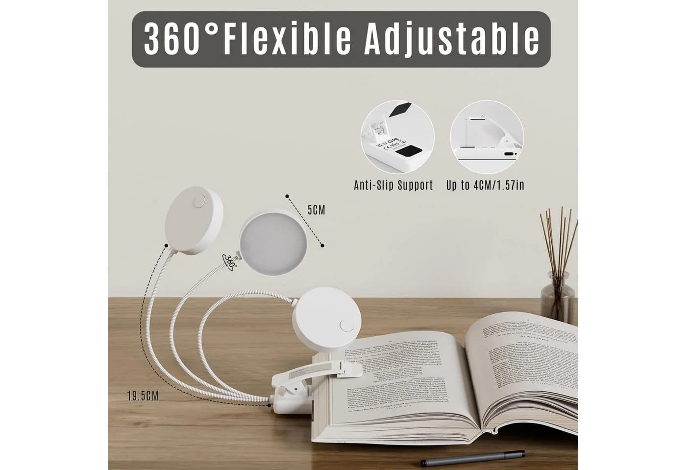 LQWELL LED Leselampe Weiß USB Wiederaufladbar 360° Flexibel