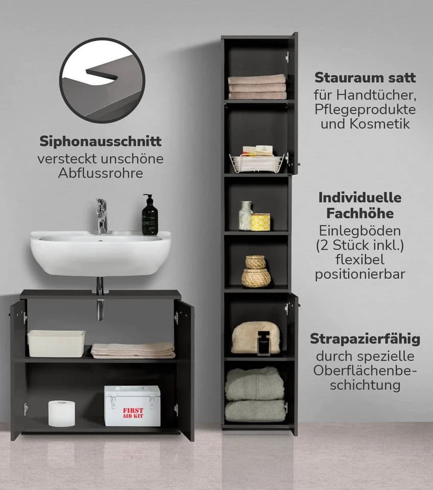 mokebo Badmöbel-Set Der Steuermann 2-teilig Schwarz Unterschrank Hochschrank