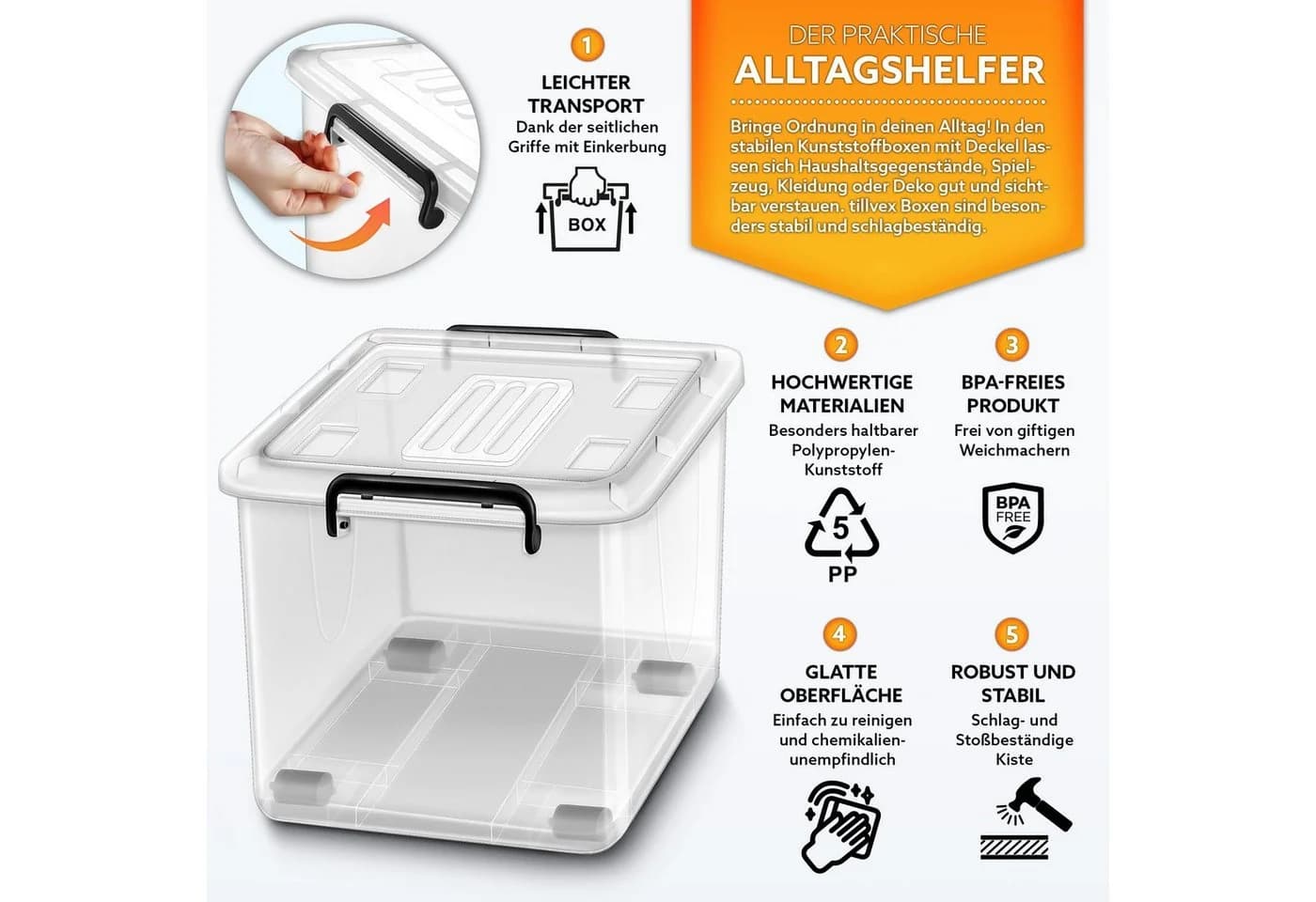 tillvex Aufbewahrungsbox mit Deckel, Kunststoff, 4er Set, transparent