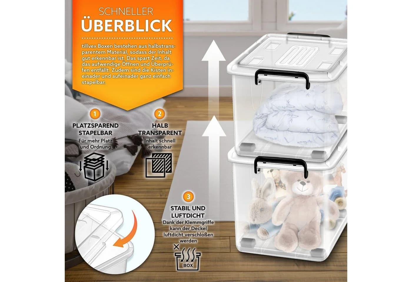 tillvex Aufbewahrungsbox mit Deckel, Kunststoff, 4er Set, transparent - Bild 3