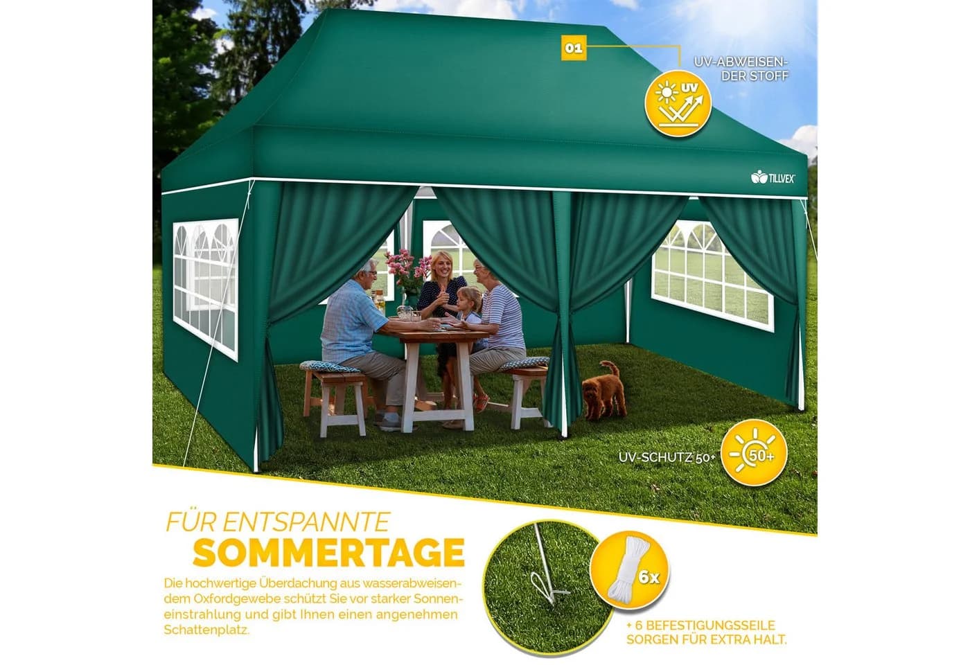 tillvex Pavillon 3x6m wasserdicht Grün mit UV-Schutz - Bild 3