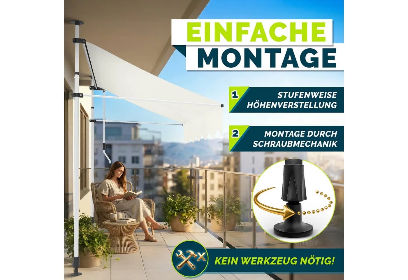 tillvex Klemmmarkise Beige mit LED-Lichterkette & Handkurbel - Bild 3