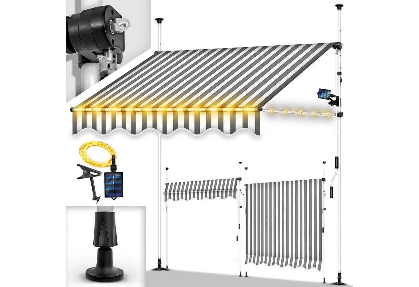 tillvex Klemmmarkise Balkon ohne Bohren mit LED & Handkurbel Grau/Weiß - Bild 2