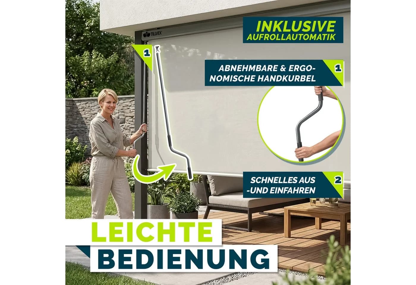 tillvex Senkrechtmarkise Beige Aluminium Sichtschutz mit Handkurbel - Bild 5