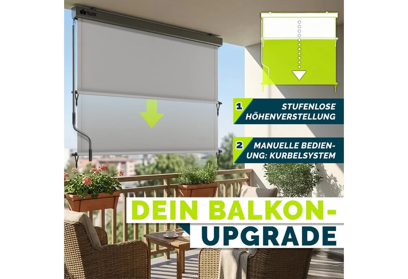 tillvex Senkrechtmarkise Grau Aluminium Wasserfest Balkonrollo