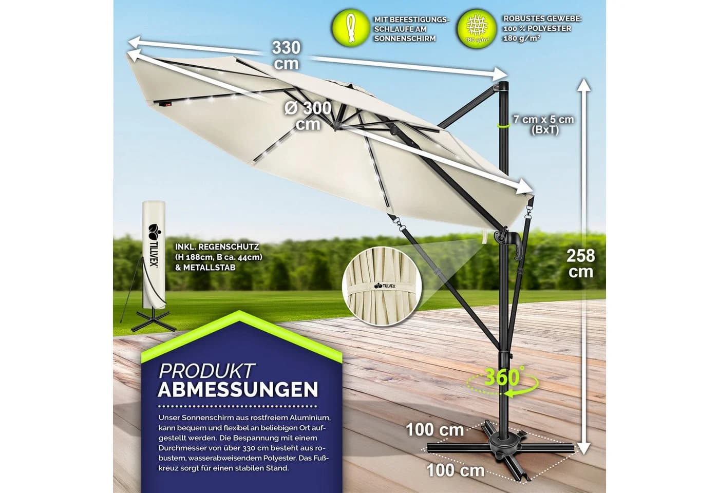 tillvex LED Sonnenschirm 330 cm Aluminium Beige Premium - Bild 5