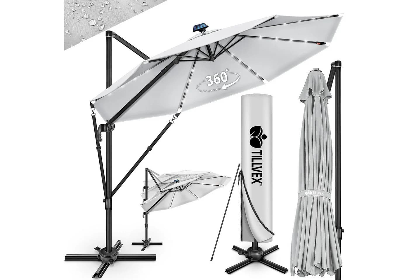 tillvex Sonnenschirm 330 cm Grau Aluminium mit LED & Solar - Bild 2