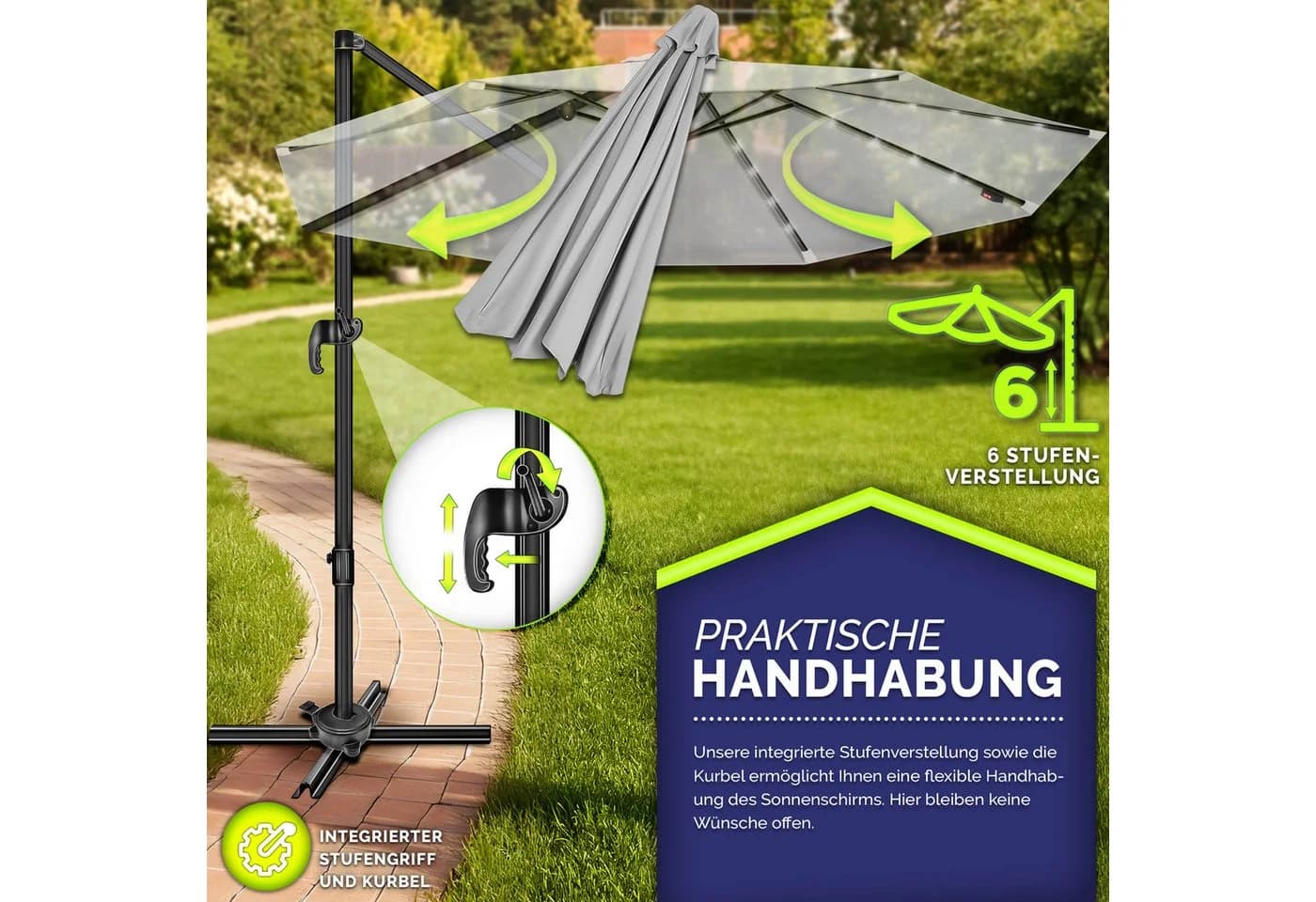 tillvex Sonnenschirm 330 cm Grau Aluminium mit LED & Solar - Bild 3