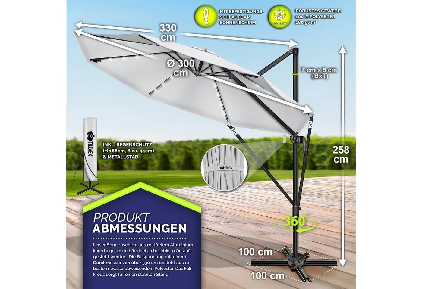 tillvex Sonnenschirm 330 cm Grau Aluminium mit LED & Solar - Bild 5