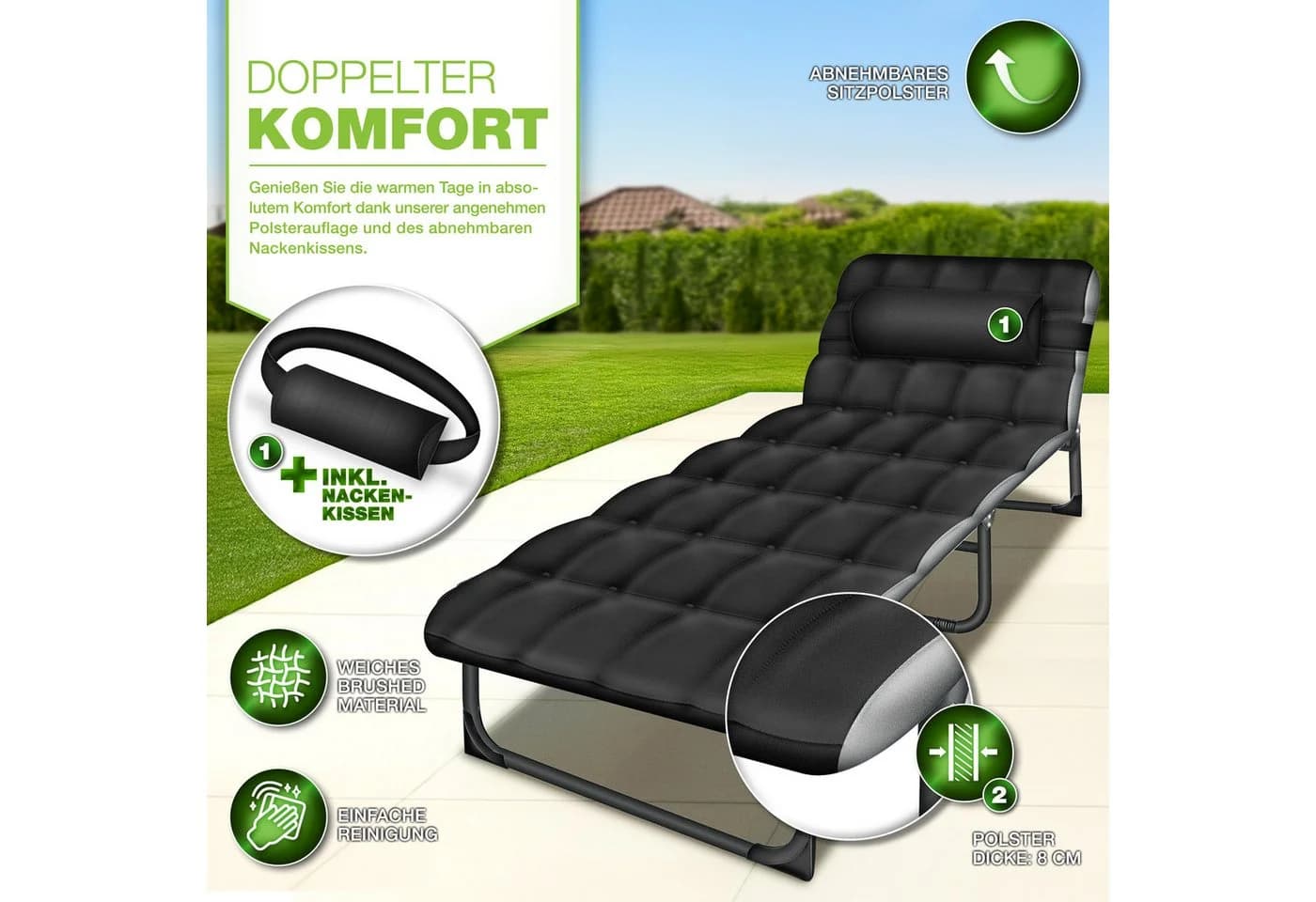 tillvex Feldbett Klappbar mit Kissen & Tragetasche Schwarz/Grau