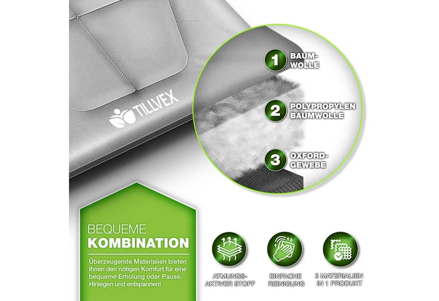 tillvex Feldbett Klappbar mit Kissen & Tragetasche Grau/Schwarz