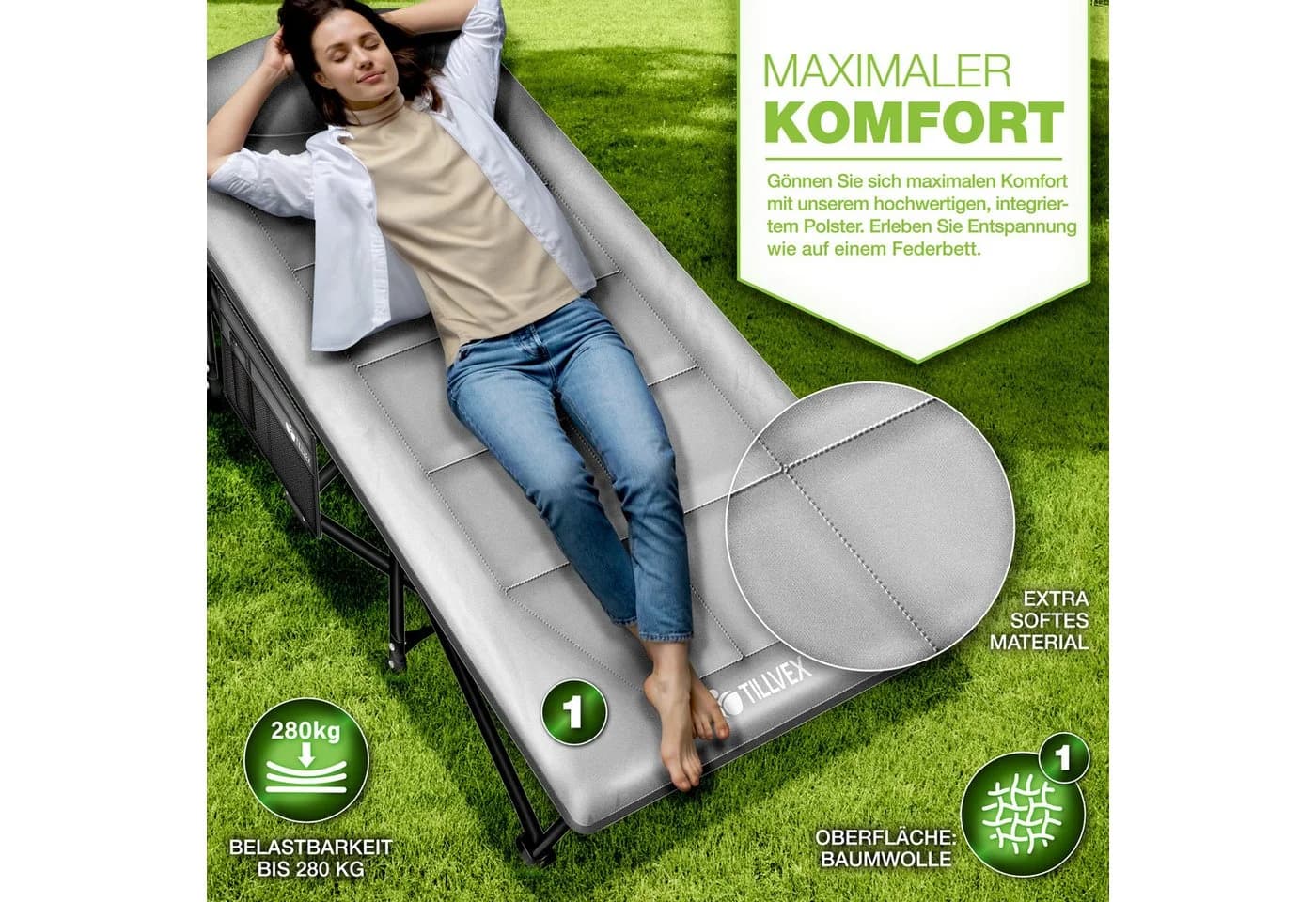 tillvex Feldbett Klappbar mit Kissen & Tragetasche Grau/Schwarz - Bild 3