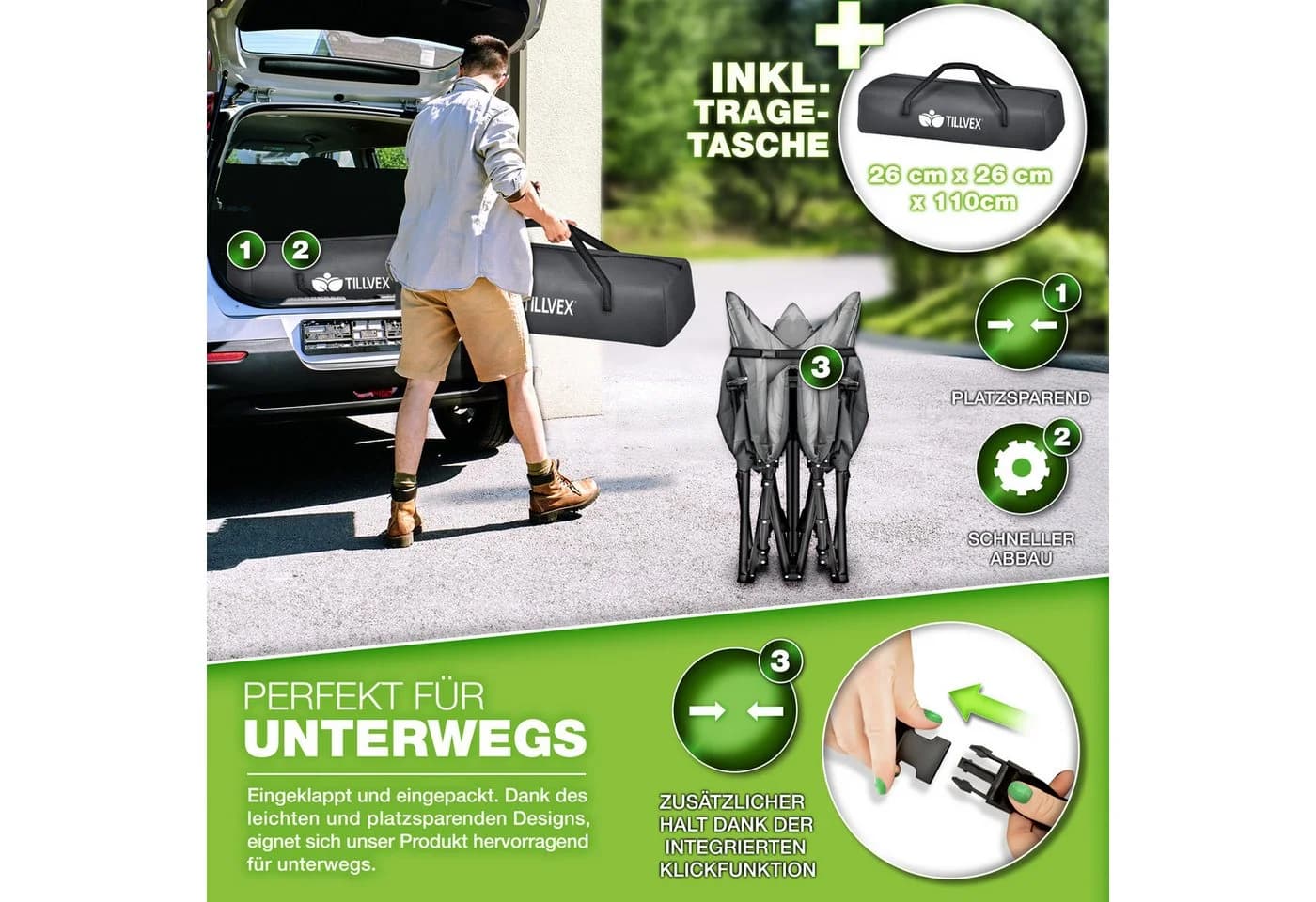 tillvex Feldbett Klappbar mit Kissen & Tragetasche Grau/Schwarz - Bild 4