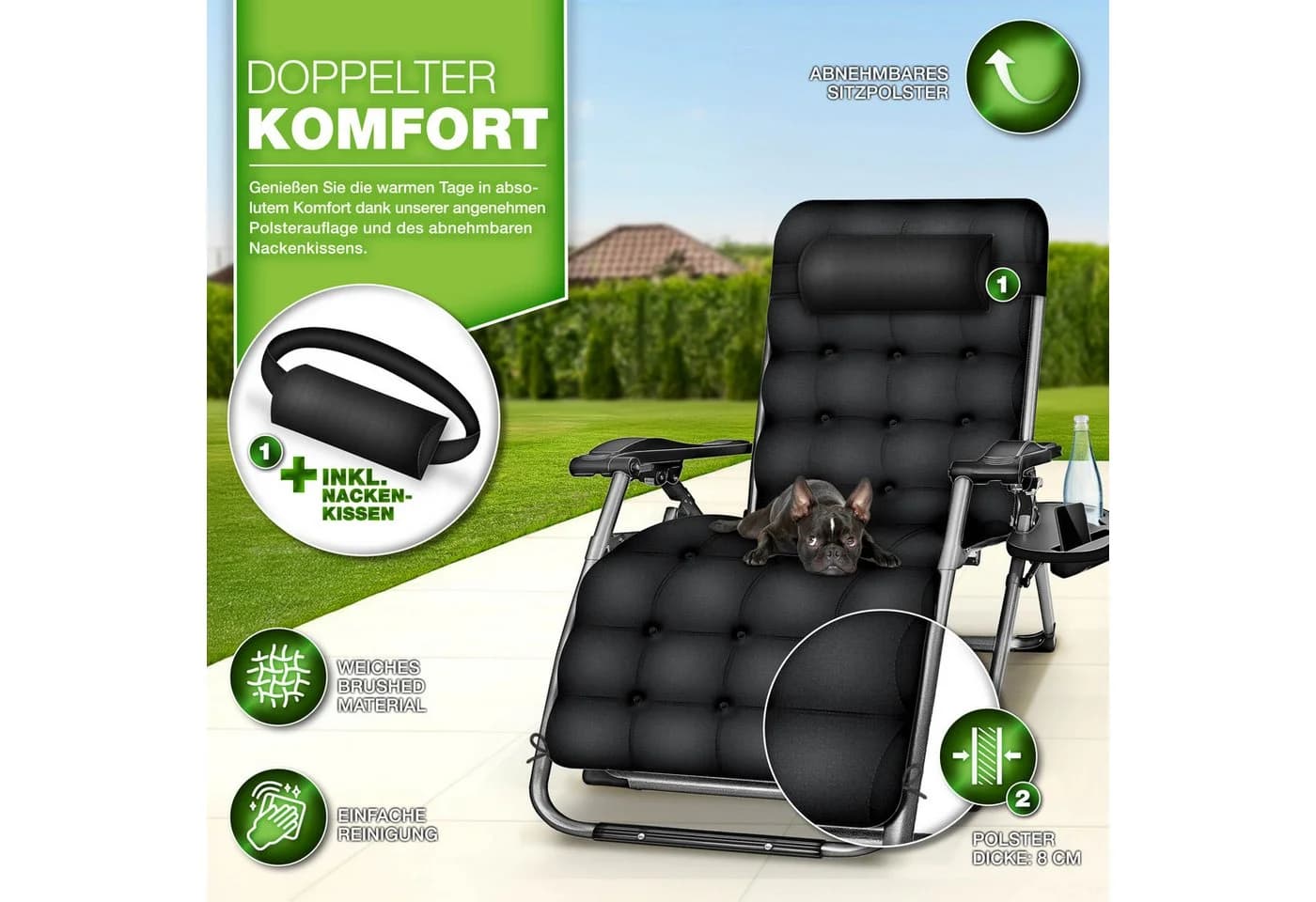 tillvex Gartenliege Klappbar Schwarz Bis 200 kg Mit Kopfkissen