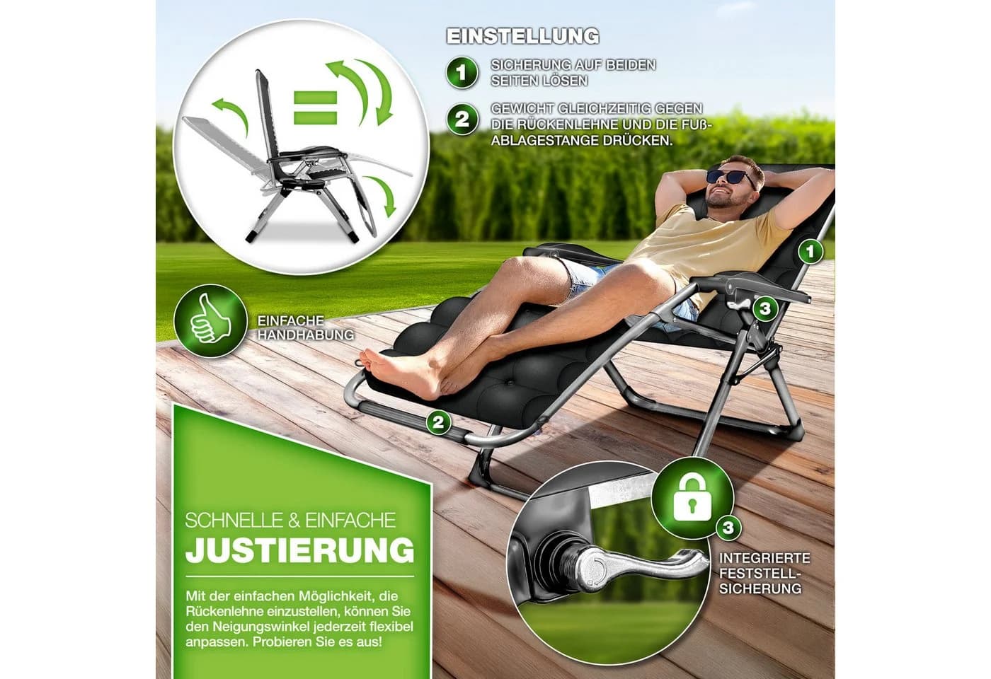 tillvex Gartenliege Klappbar Schwarz Bis 200 kg Mit Kopfkissen - Bild 3