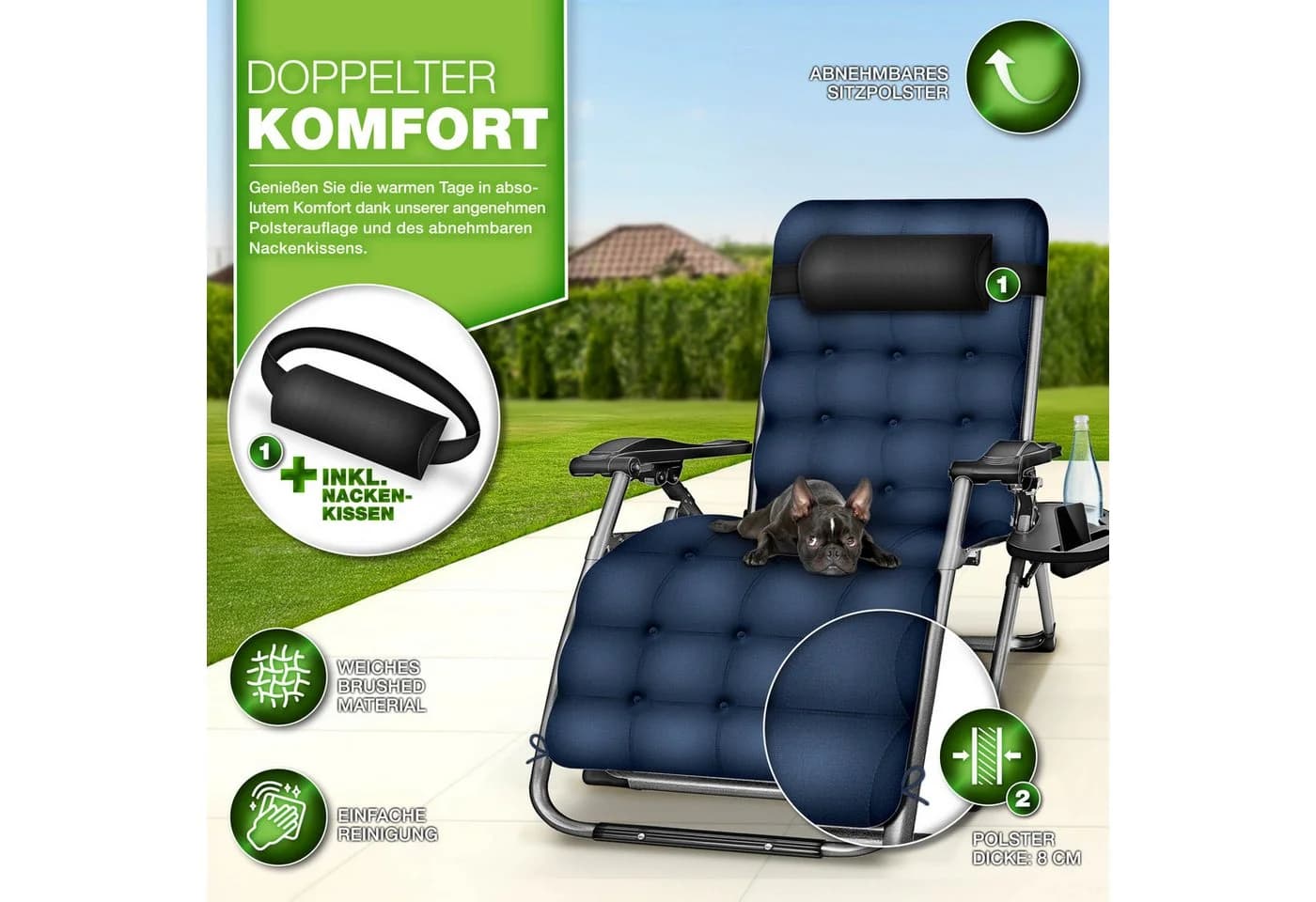tillvex Gartenliege Klappbar 200 kg Navyblau mit Kopfkissen