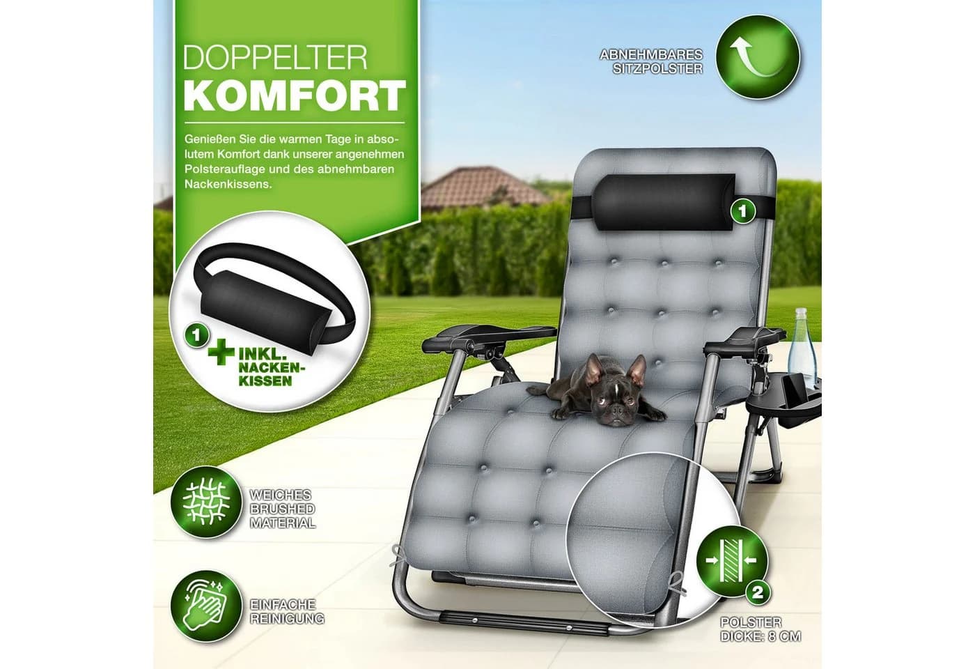 tillvex Gartenliege Grau Klappbar bis 200 kg mit Kopfkissen - Bild 1