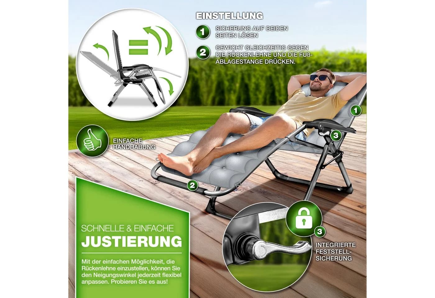 tillvex Gartenliege Grau Klappbar bis 200 kg mit Kopfkissen - Bild 3