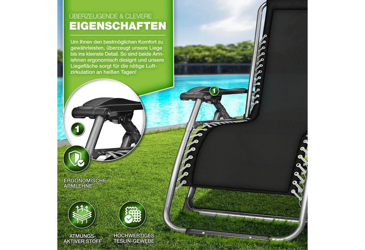 tillvex Gartenliege Grau Klappbar bis 200 kg mit Kopfkissen - Bild 4