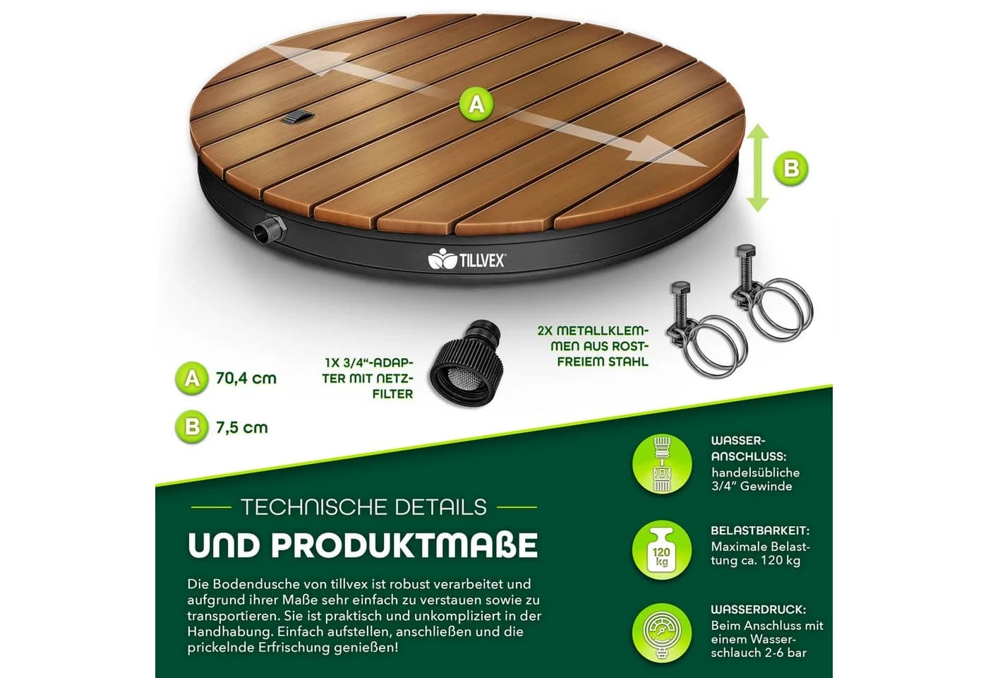 tillvex Gartendusche Outdoor Aluminium WPC Anthrazit Fußrad - Bild 4
