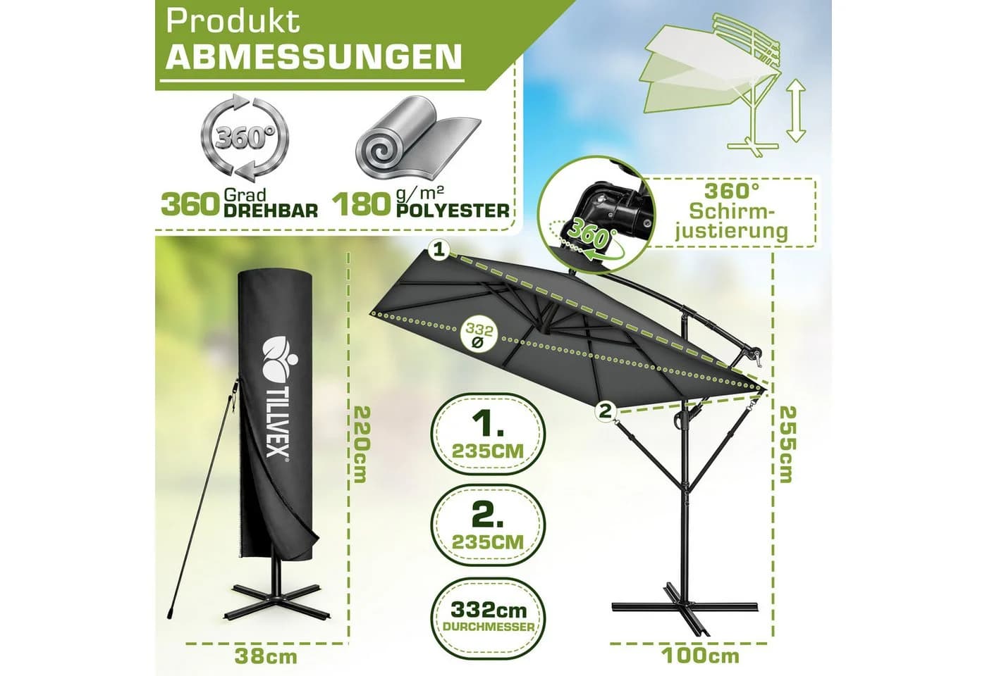 tillvex Sonnenschirm eckig Aluminium 235x235 cm Anthrazit