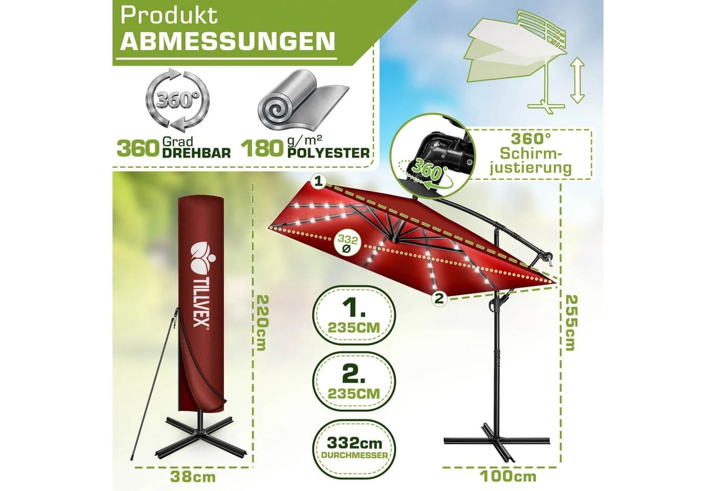 tillvex Sonnenschirm Ampelschirm LED Solar Rot Aluminium