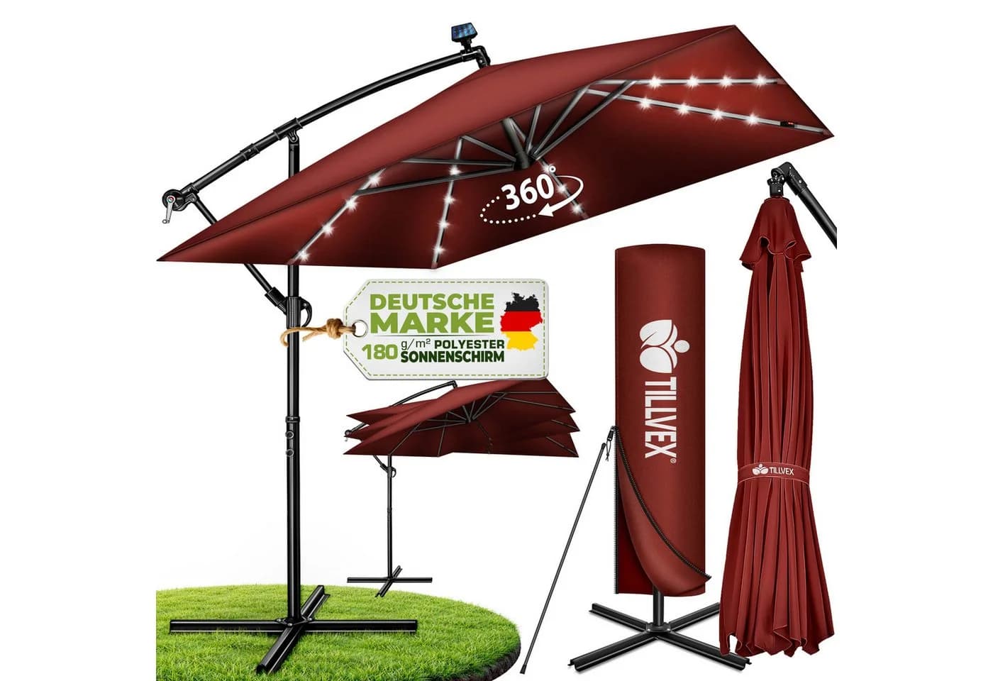 tillvex Sonnenschirm Ampelschirm LED Solar Rot Aluminium - Bild 2