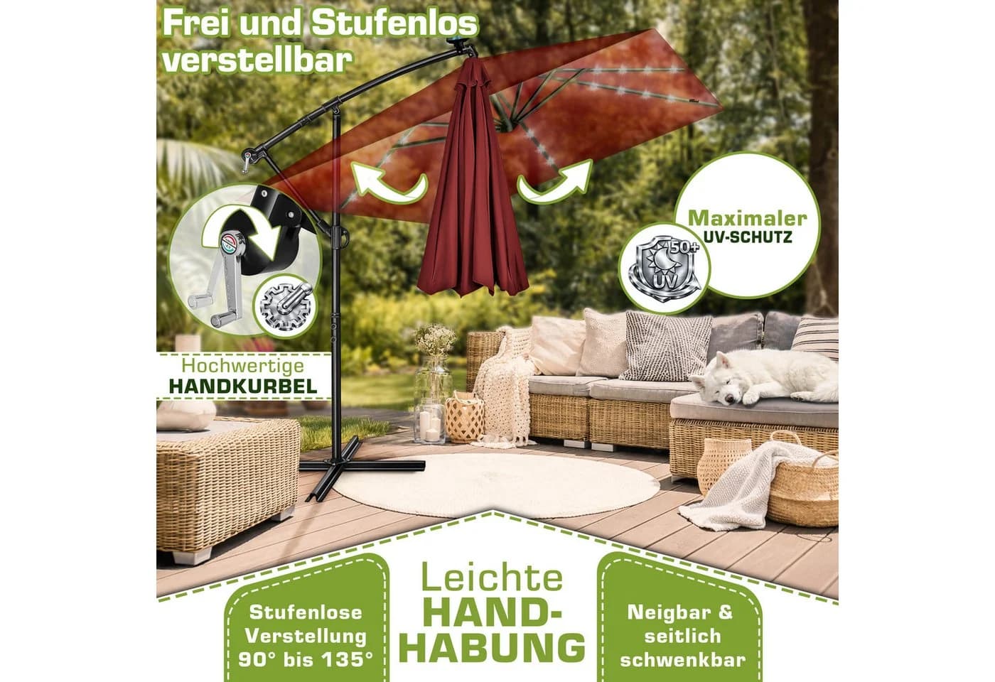 tillvex Sonnenschirm Ampelschirm LED Solar Rot Aluminium - Bild 3