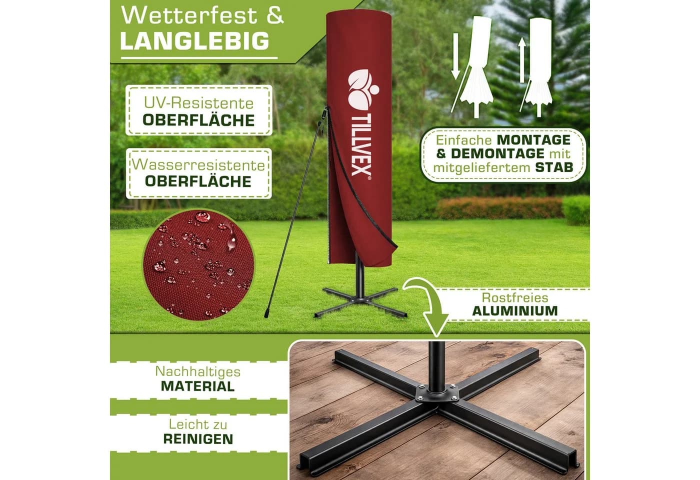tillvex Sonnenschirm Ampelschirm LED Solar Rot Aluminium - Bild 4