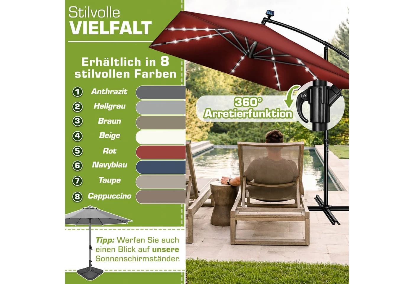 tillvex Sonnenschirm Ampelschirm LED Solar Rot Aluminium - Bild 5