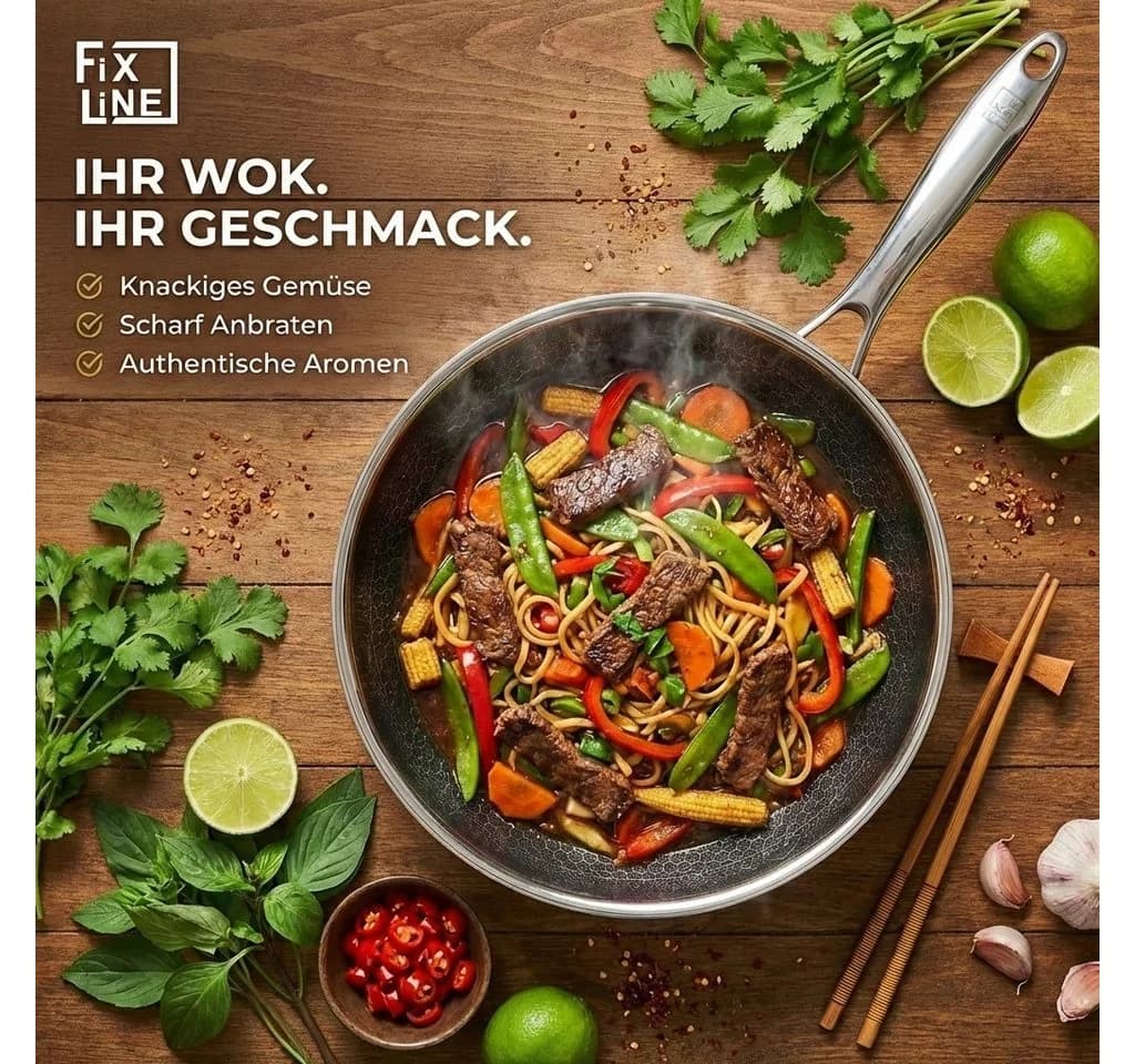 FIXLINE Wok Pfanne 28cm BLACK FOREST Edition Kratzfest Edelstahl
