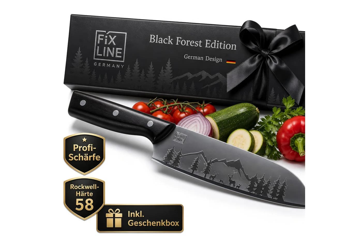 FIXLINE Santokumesser 18cm Black Forest Edition Edelstahl Holzgriff - Bild 2