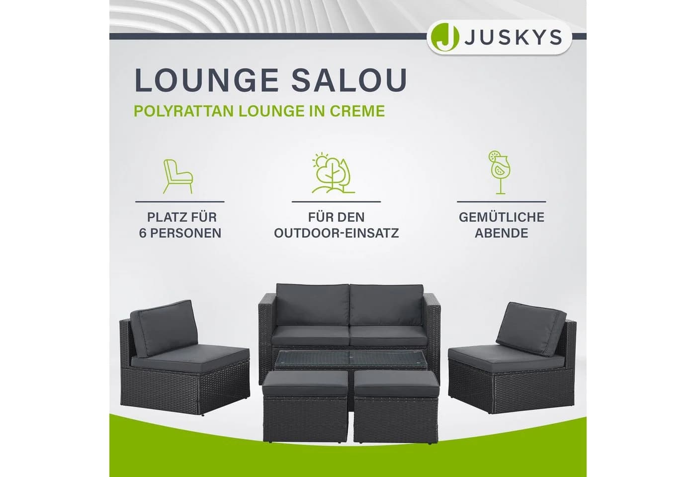 Juskys Gartenlounge-Set Salou 6-tlg. Schwarz Grau Polyrattan mit Kissen - Bild 2