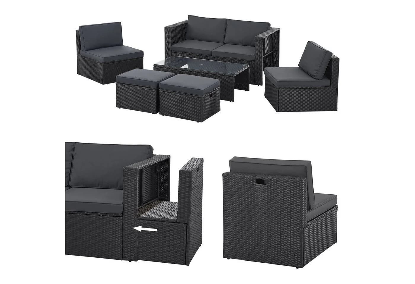 Juskys Gartenlounge-Set Salou 6-tlg. Schwarz Grau Polyrattan mit Kissen - Bild 3