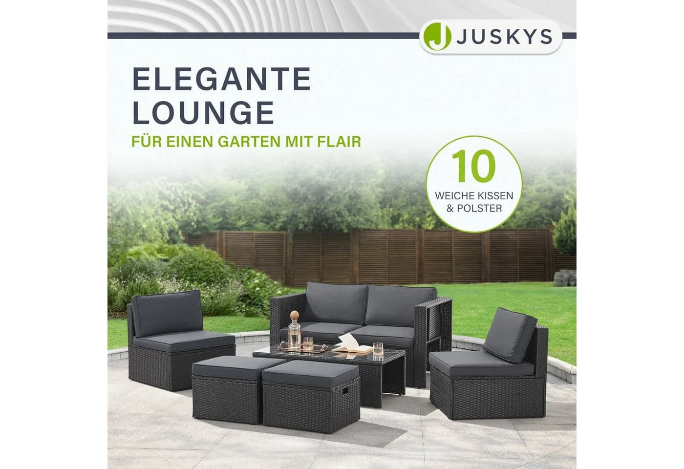 Juskys Gartenlounge-Set Salou 6-tlg. Schwarz Grau Polyrattan mit Kissen - Bild 5