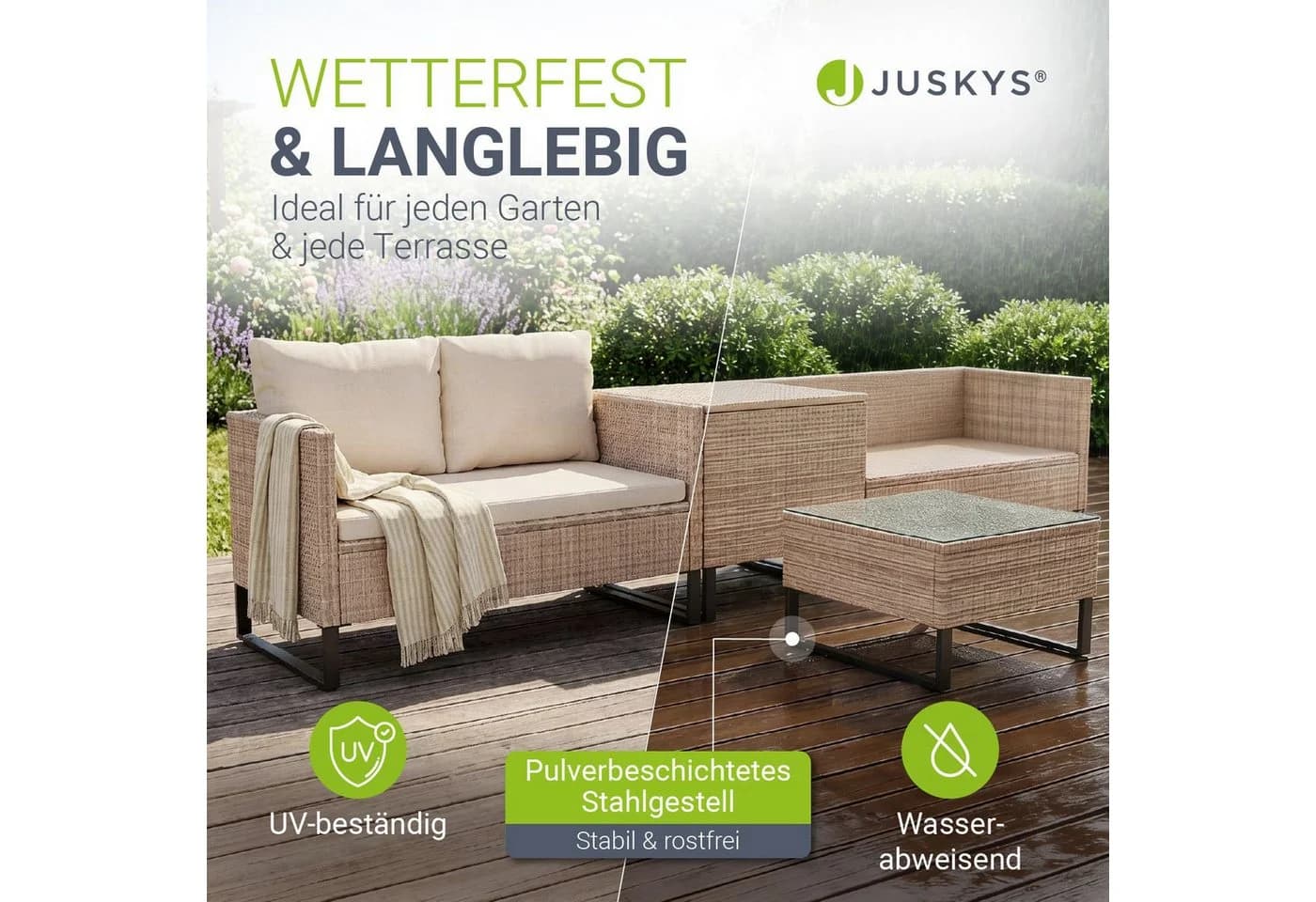 Juskys Gartenlounge-Set Santorini 4-tlg. Polyrattan Creme Grau - Bild 2