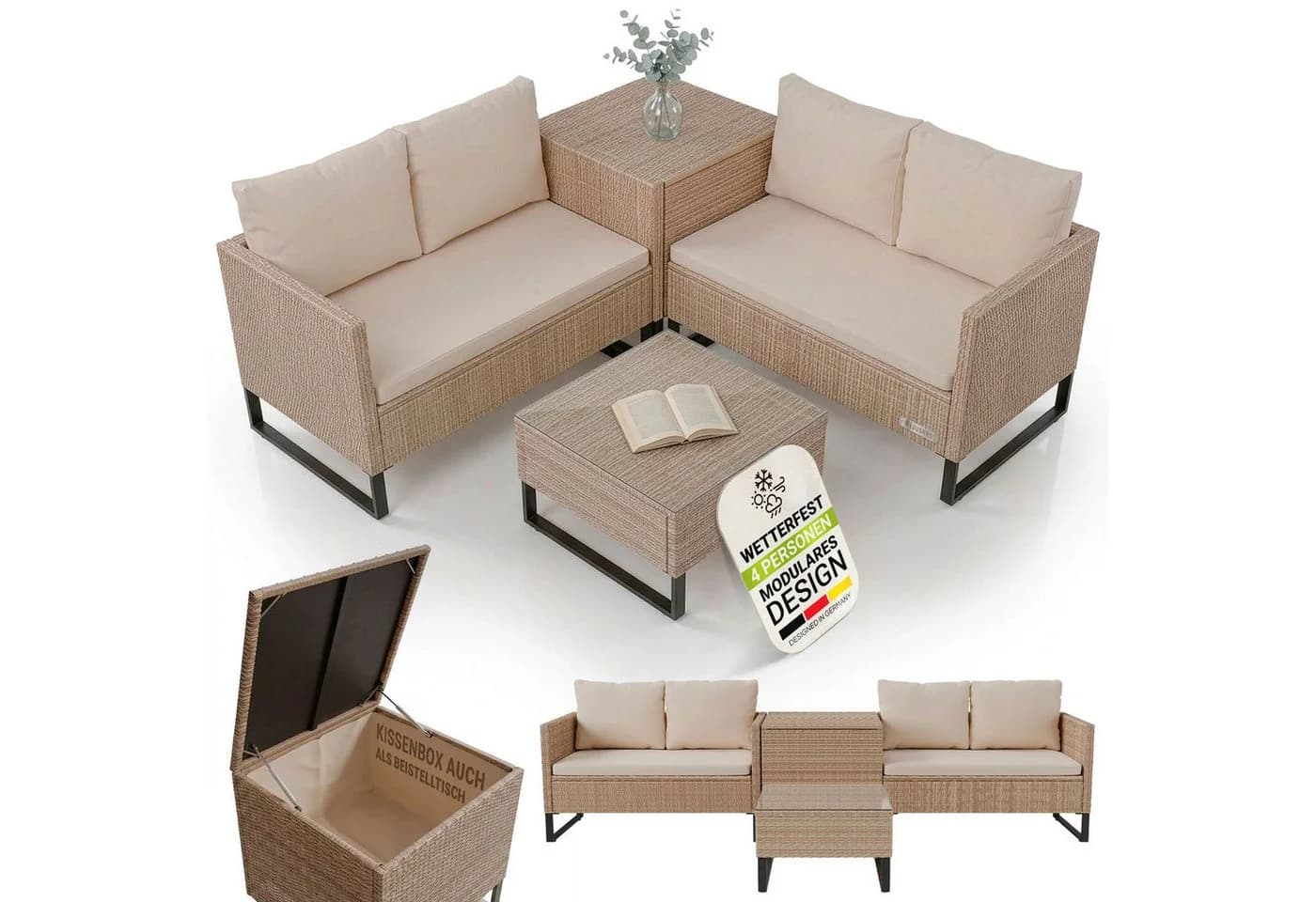 Juskys Gartenlounge-Set Santorini 4-tlg. Polyrattan Creme Grau - Bild 3