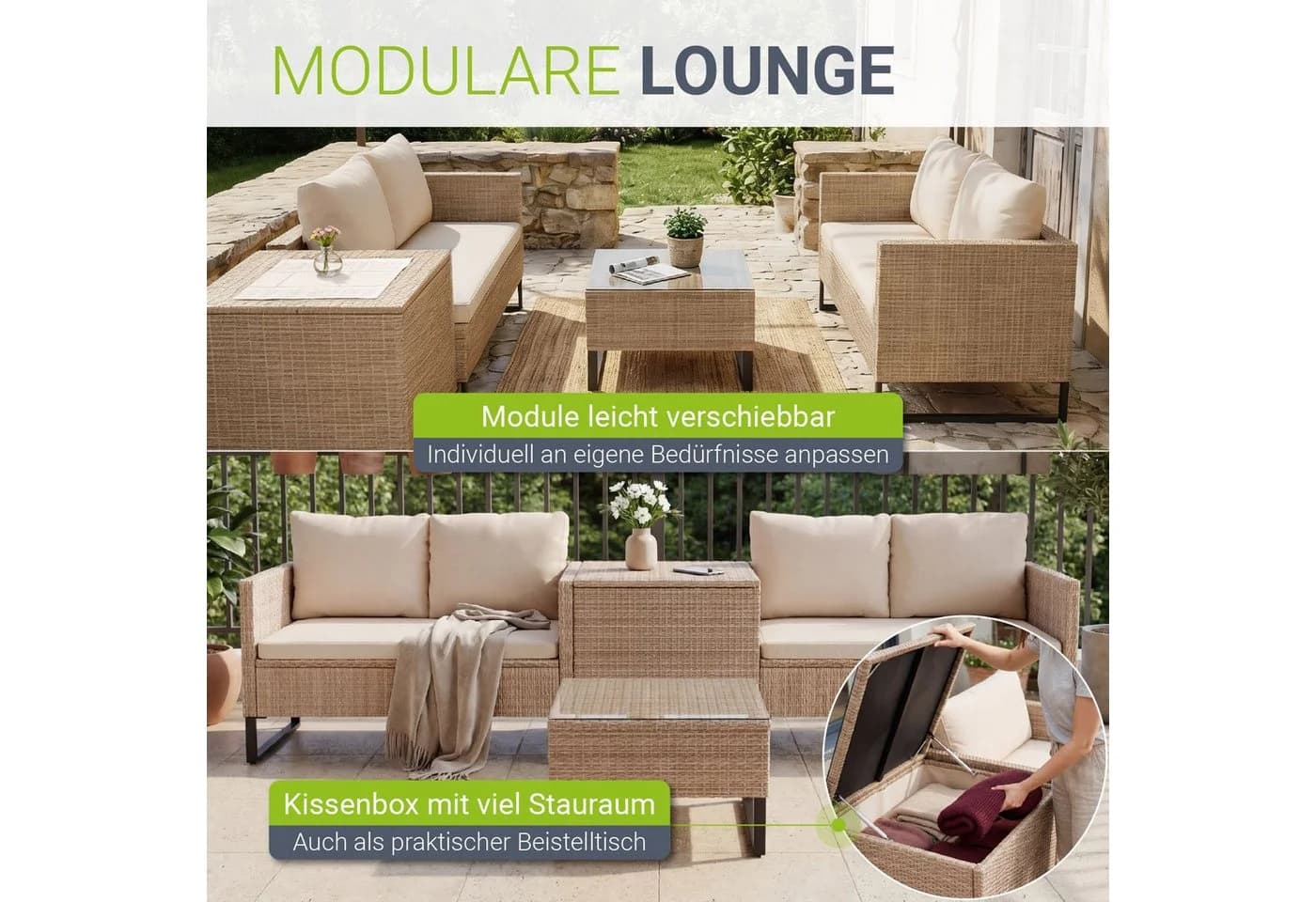 Juskys Gartenlounge-Set Santorini 4-tlg. Polyrattan Creme Grau - Bild 5