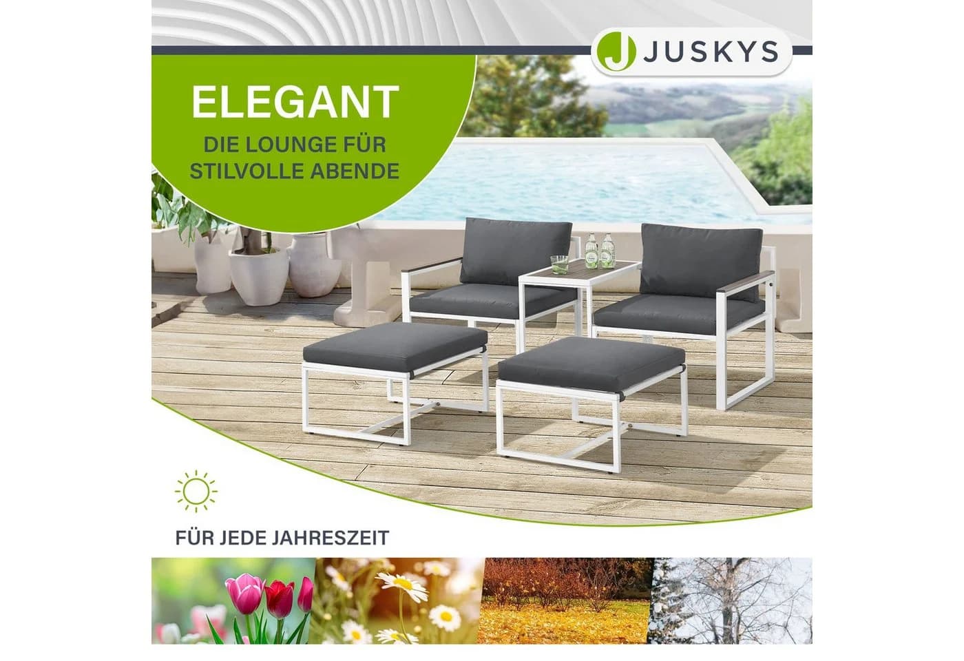 Juskys Gartenlounge-Set Bari 5-tlg. Grau/Weiß mit Kissen - Bild 5