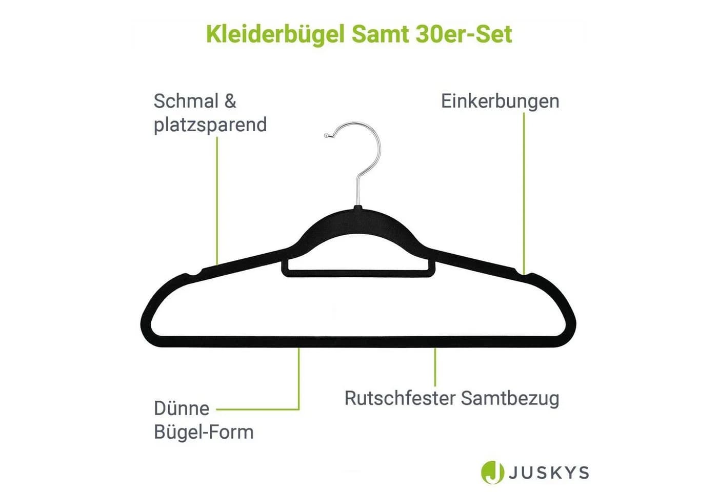 Juskys Kleiderbügel Set 30-tlg. Schwarz Samt rutschfest - Bild 3