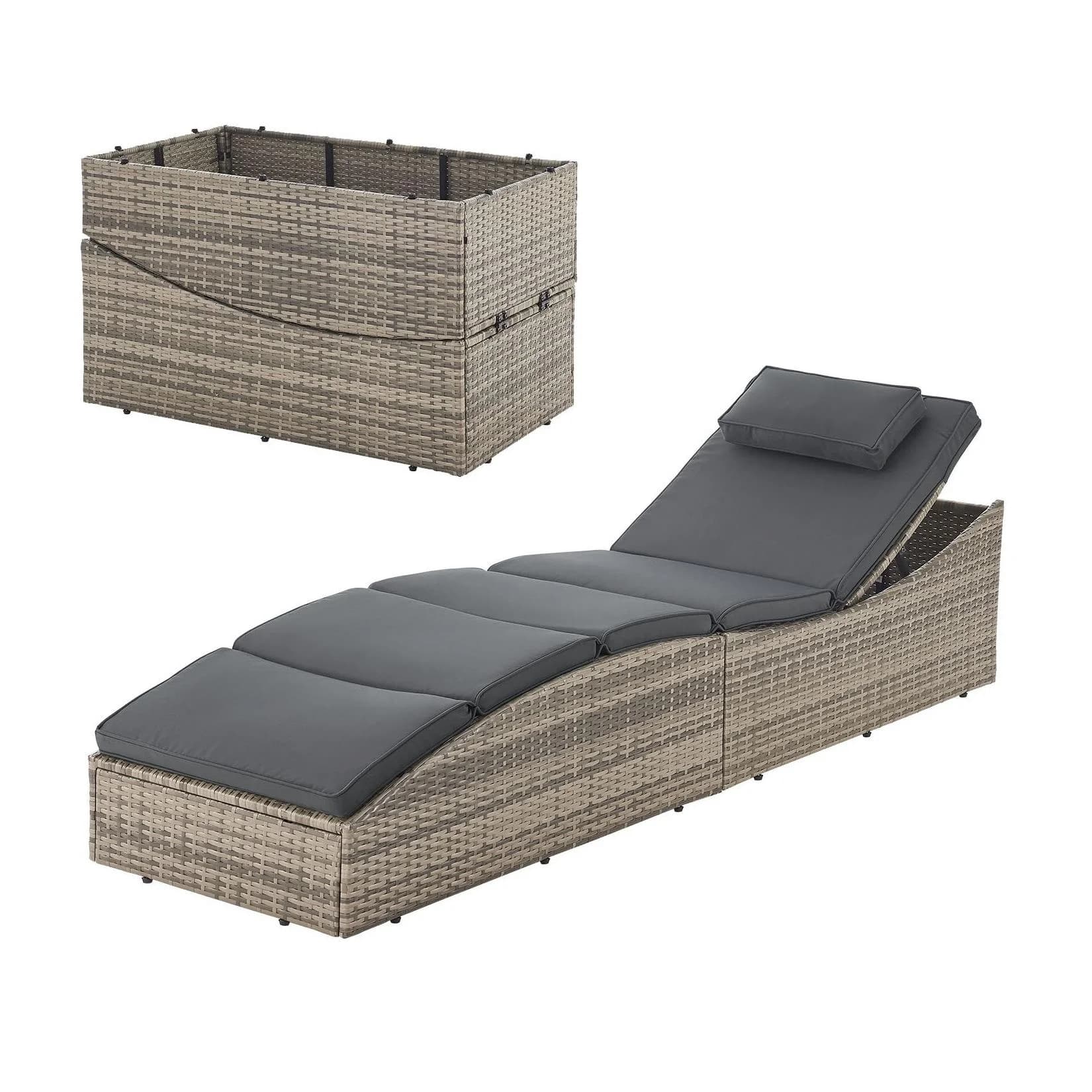 Juskys Sonnenliege Lamia Grau-meliert Polyrattan Klappbar mit Kissen