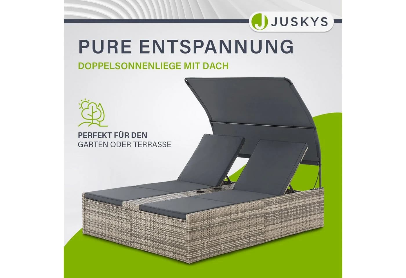 Juskys Polyrattan Doppelliege Syros Grau-meliert mit Dach - Bild 2