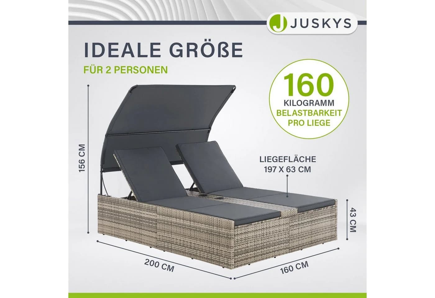 Juskys Polyrattan Doppelliege Syros Grau-meliert mit Dach - Bild 4