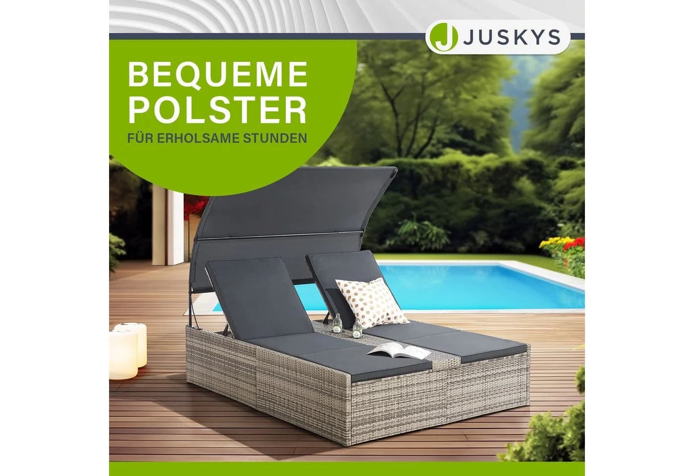 Juskys Polyrattan Doppelliege Syros Grau-meliert mit Dach - Bild 5