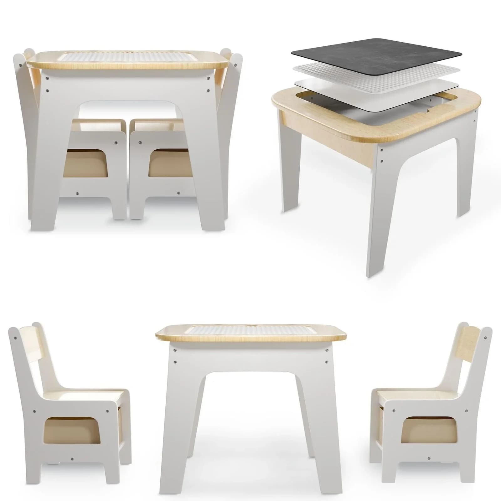 Juskys Kindersitzgruppe Milou Set mit 2 Stühlen & 1 Tisch Holz Spieltisch Stauraum Wendeplatten