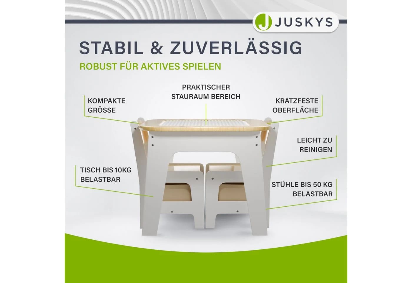 Juskys Kindersitzgruppe Milou Set mit 2 Stühlen & 1 Tisch Holz Spieltisch Stauraum Wendeplatten - Bild 5