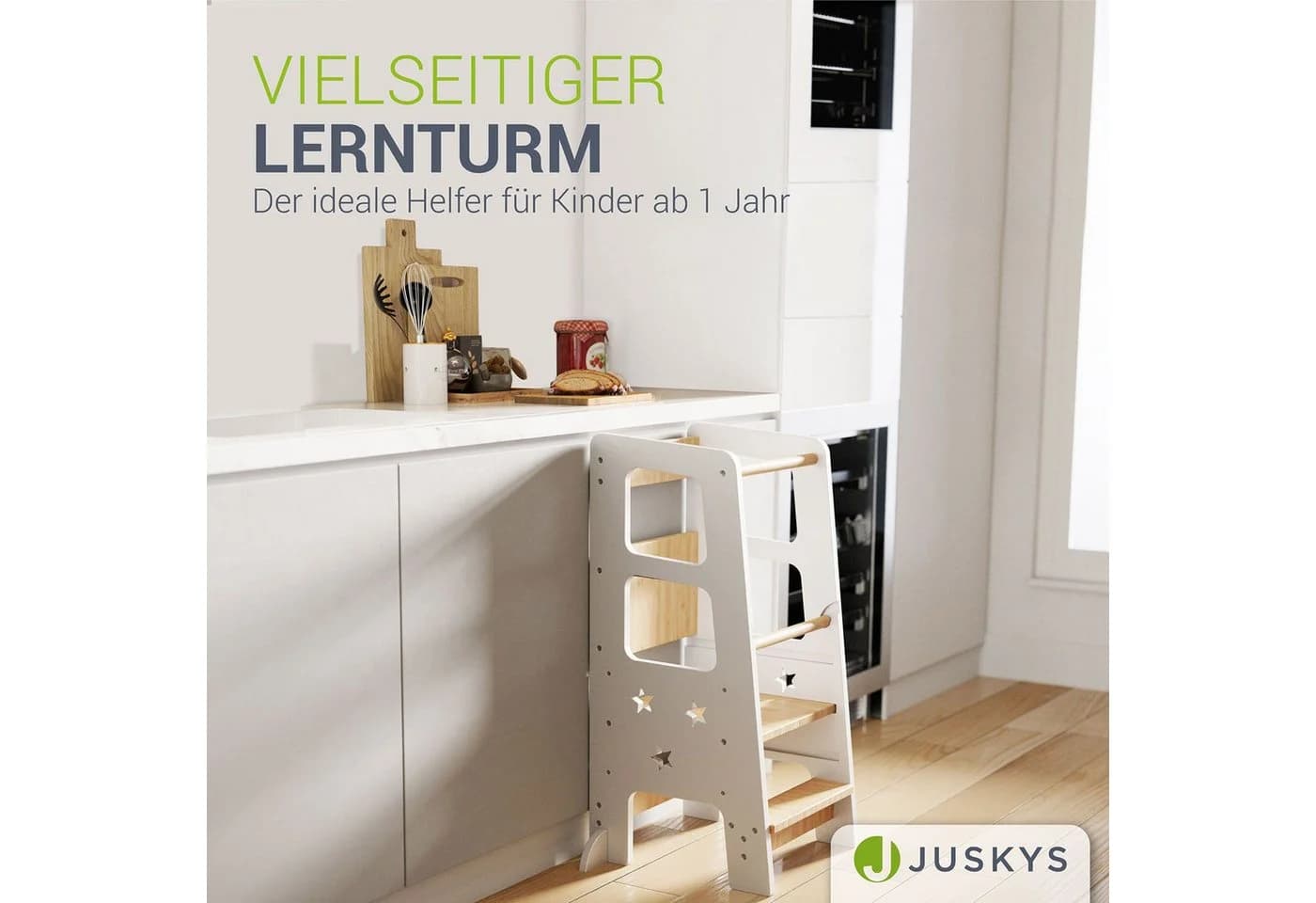 Juskys Lernturm Henny - Stehhilfe 3-fach höhenverstellbar mit Umkippschutz Weiß - Bild 2