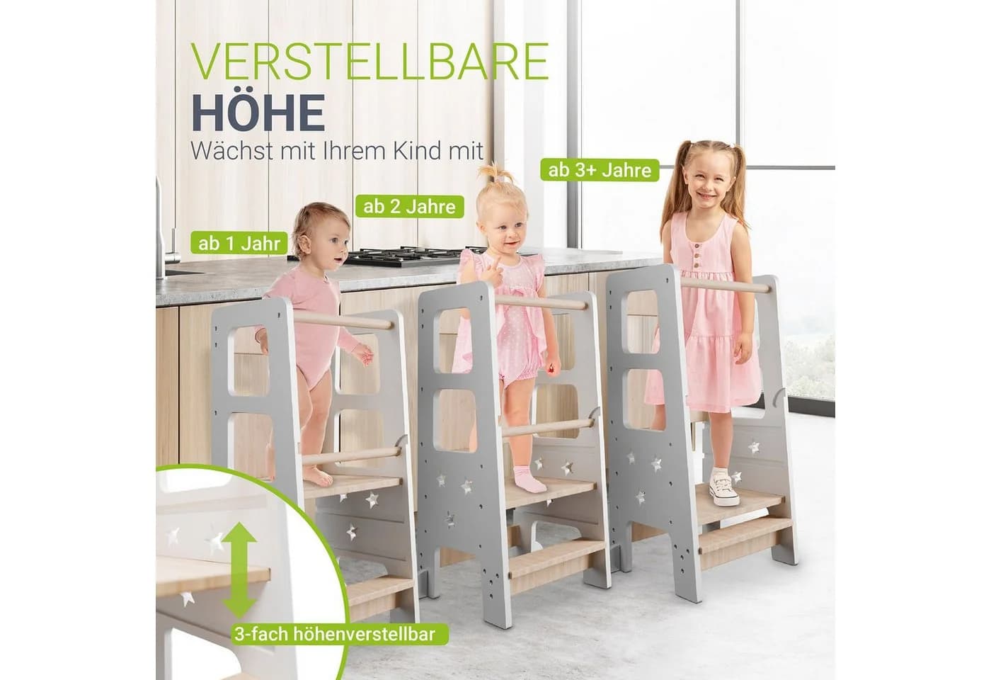 Juskys Lernturm Henny - Stehhilfe 3-fach höhenverstellbar mit Umkippschutz Weiß - Bild 5